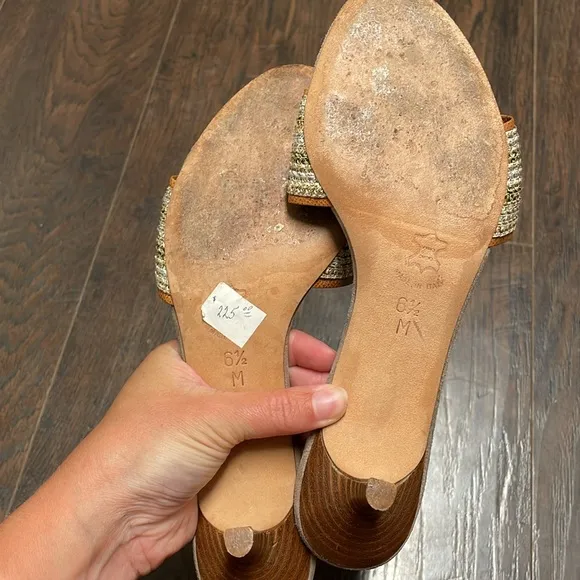 Eric Javits Tan and Gold Woven Slide Sandals