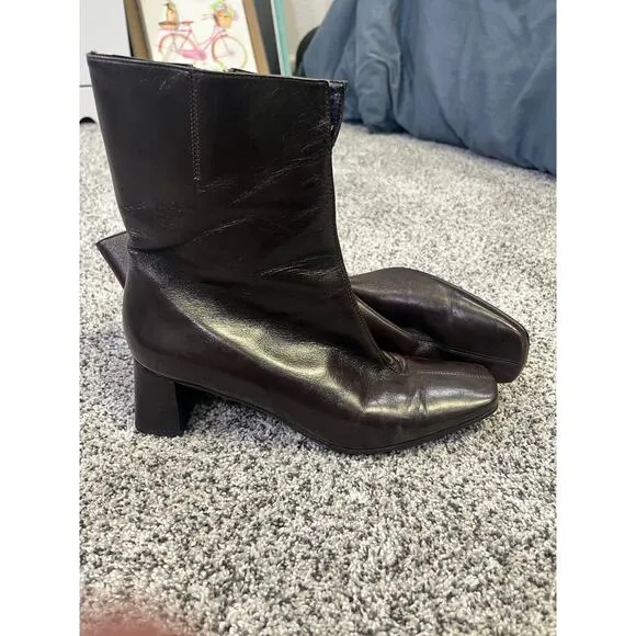 Etienne Aigner Square Toe Brown Leather Ankle Boots, Womens 8.5 Chic Workwear