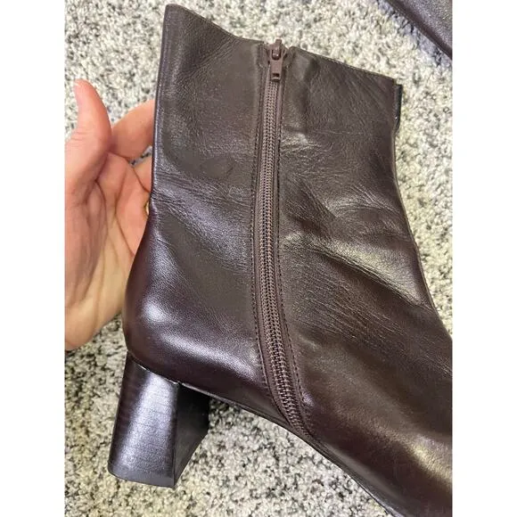 Etienne Aigner Square Toe Brown Leather Ankle Boots, Womens 8.5 Chic Workwear