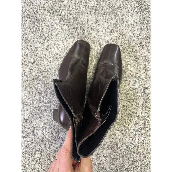 Etienne Aigner Square Toe Brown Leather Ankle Boots, Womens 8.5 Chic Workwear