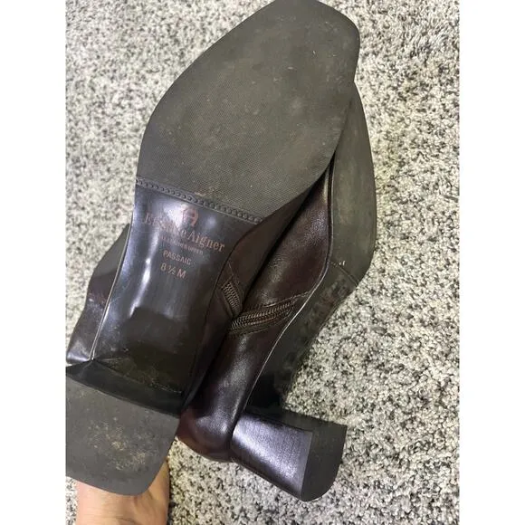 Etienne Aigner Square Toe Brown Leather Ankle Boots, Womens 8.5 Chic Workwear