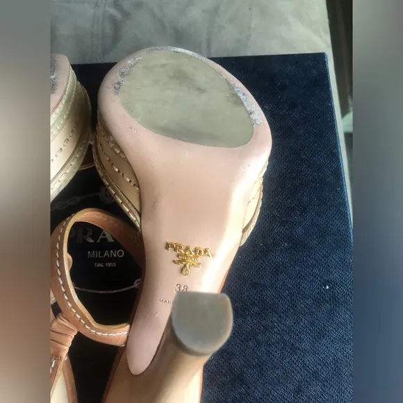 EUC! Prada Tan Leather Strappy Platform Sandals Heels w/box ~ 38/7.5-8