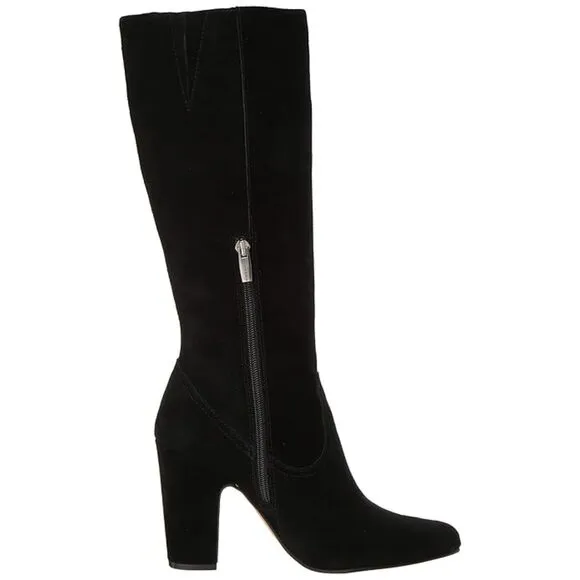 EUC Vince Camuto Coranna Black Suede Knee High Boots Size 8.5M Heel Fringe Boho