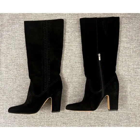 EUC Vince Camuto Coranna Black Suede Knee High Boots Size 8.5M Heel Fringe Boho