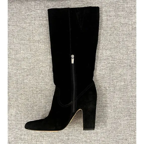 EUC Vince Camuto Coranna Black Suede Knee High Boots Size 8.5M Heel Fringe Boho