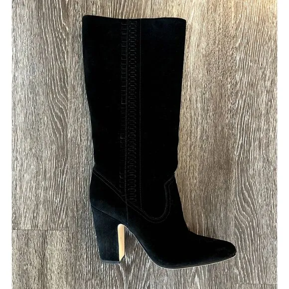 EUC Vince Camuto Coranna Black Suede Knee High Boots Size 8.5M Heel Fringe Boho