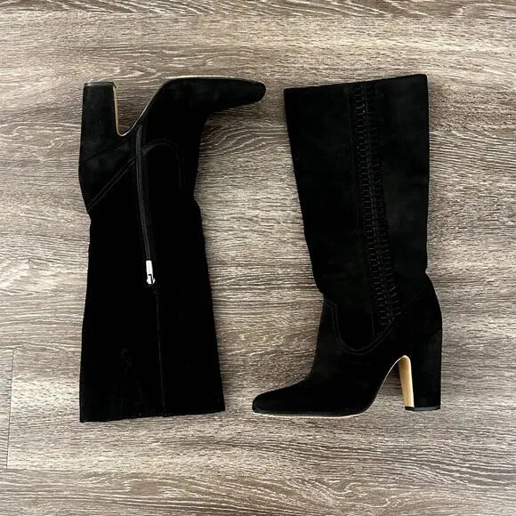 EUC Vince Camuto Coranna Black Suede Knee High Boots Size 8.5M Heel Fringe Boho