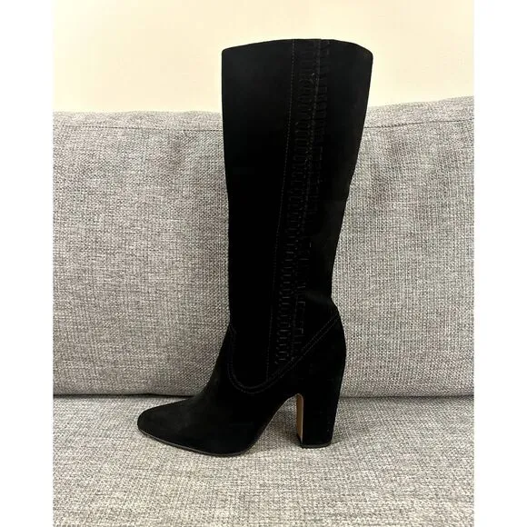 EUC Vince Camuto Coranna Black Suede Knee High Boots Size 8.5M Heel Fringe Boho