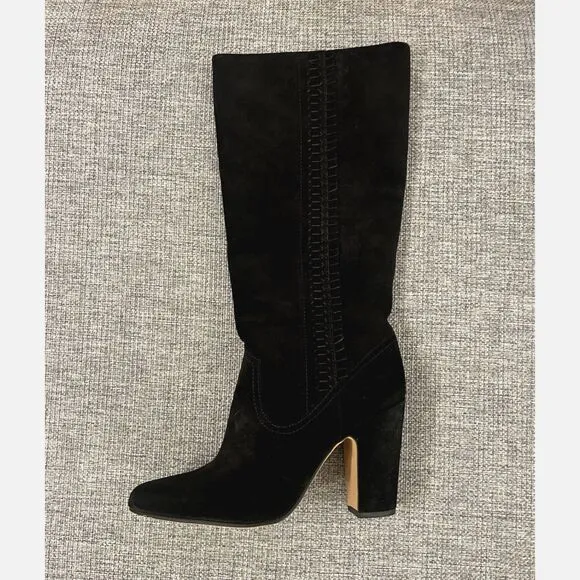 EUC Vince Camuto Coranna Black Suede Knee High Boots Size 8.5M Heel Fringe Boho