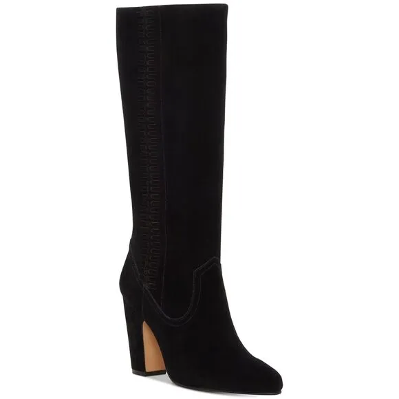 EUC Vince Camuto Coranna Black Suede Knee High Boots Size 8.5M Heel Fringe Boho