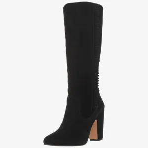 EUC Vince Camuto Coranna Black Suede Knee High Boots Size 8.5M Heel Fringe Boho