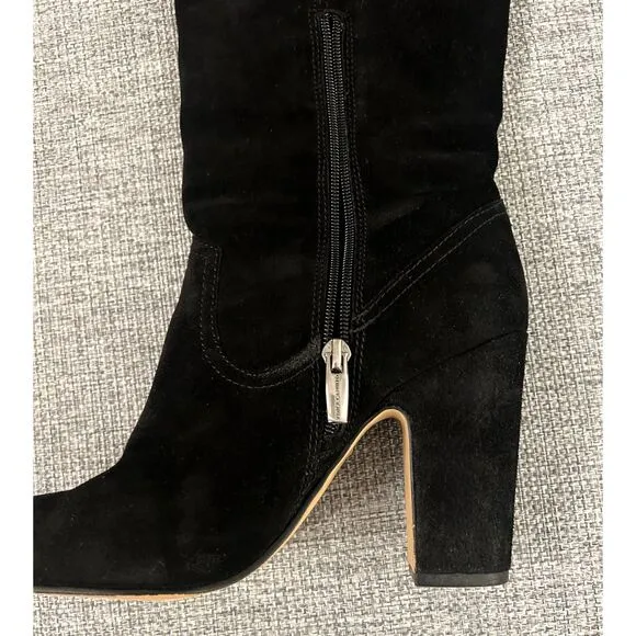 EUC Vince Camuto Coranna Black Suede Knee High Boots Size 8.5M Heel Fringe Boho