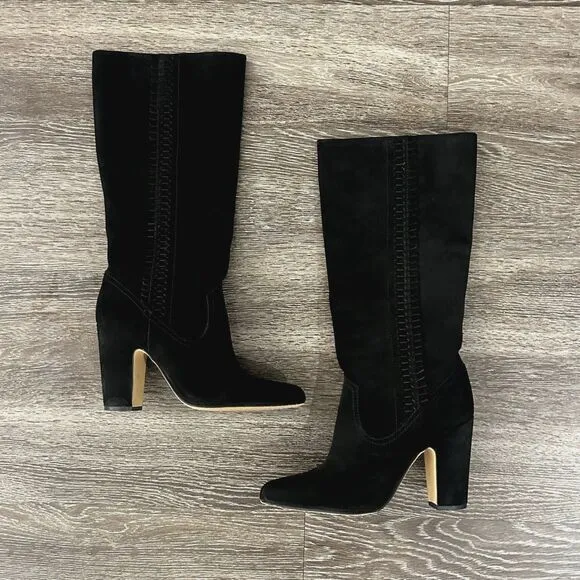 EUC Vince Camuto Coranna Black Suede Knee High Boots Size 8.5M Heel Fringe Boho