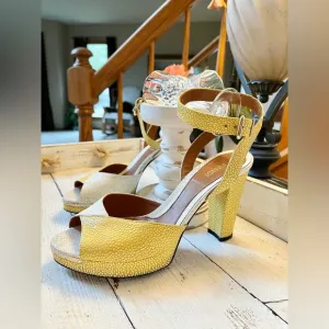 Fendi White Yellow Stingray Embossed Leather Ankle Strap Platform Sandal