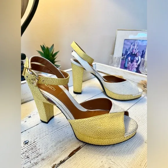 Fendi White Yellow Stingray Embossed Leather Ankle Strap Platform Sandal