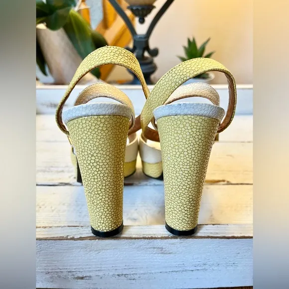 Fendi White Yellow Stingray Embossed Leather Ankle Strap Platform Sandal