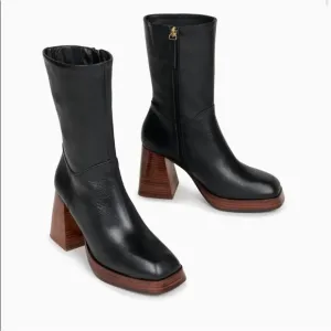 Feners La Retro Noir Black Leather Platform Boots Womens Size 40 / US 9.5