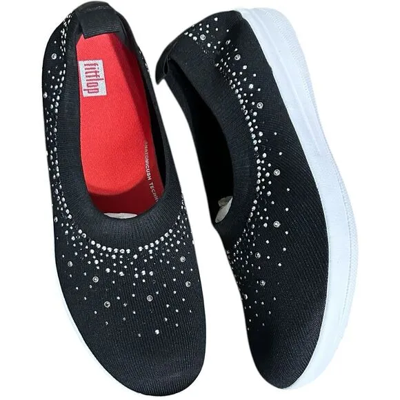 FitFlop Women's Uberknit Black Ombre Crystal Ballerinas Flats Slip On Shoes 11
