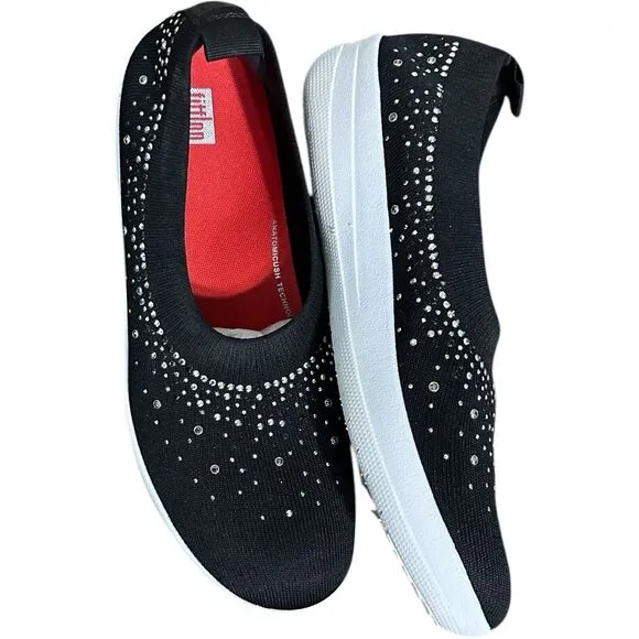 FitFlop Women's Uberknit Black Ombre Crystal Ballerinas Flats Slip On Shoes 11