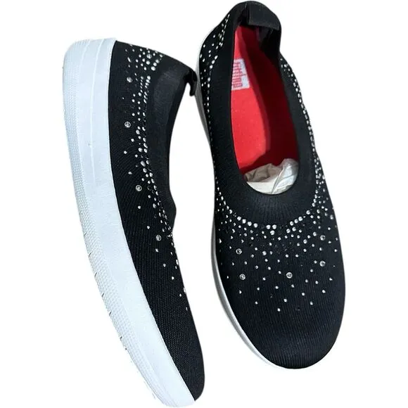 FitFlop Women's Uberknit Black Ombre Crystal Ballerinas Flats Slip On Shoes 11