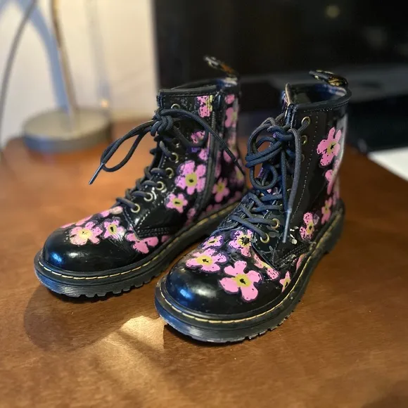 Floral Black Boots with Pink and Purple Flowers