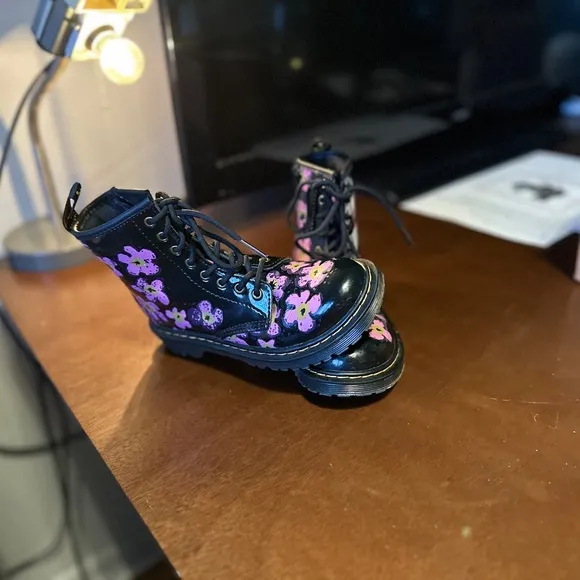 Floral Black Boots with Pink and Purple Flowers