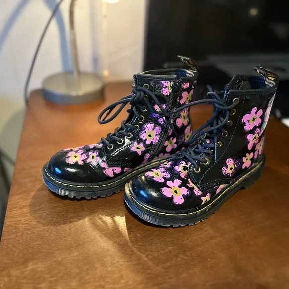 Floral Black Boots with Pink and Purple Flowers