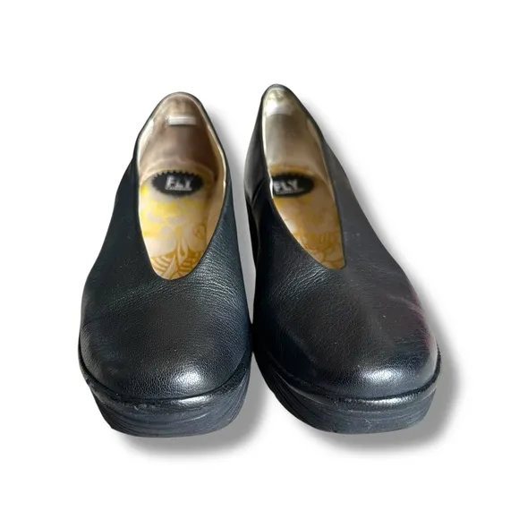 Fly London Black Mousse Yaz Leather Platform Ballerina Wedge Shoes Comfy Size 9