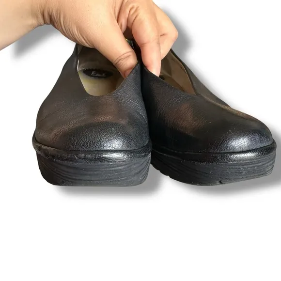 Fly London Black Mousse Yaz Leather Platform Ballerina Wedge Shoes Comfy Size 9