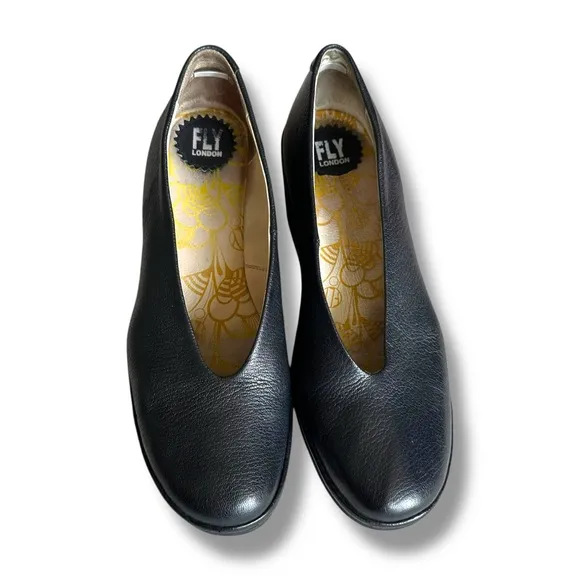 Fly London Black Mousse Yaz Leather Platform Ballerina Wedge Shoes Comfy Size 9