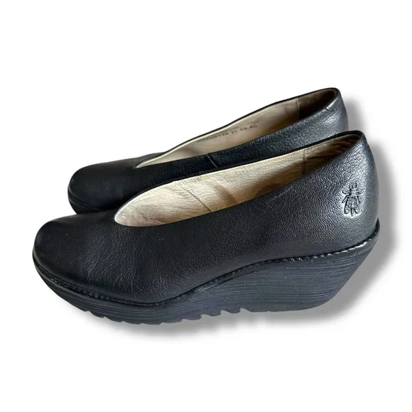 Fly London Black Mousse Yaz Leather Platform Ballerina Wedge Shoes Comfy Size 9