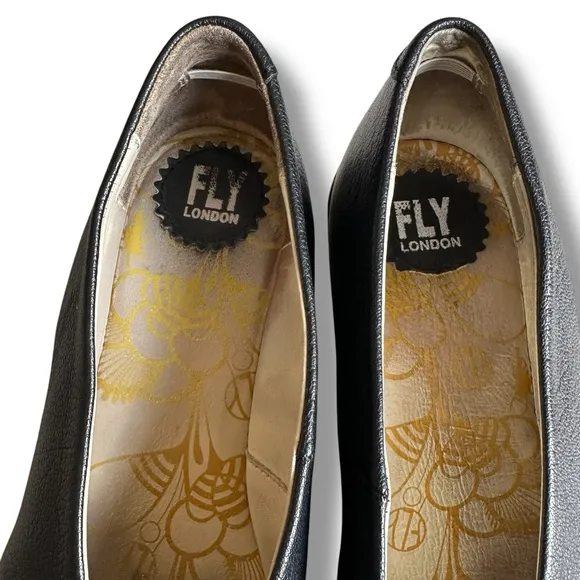 Fly London Black Mousse Yaz Leather Platform Ballerina Wedge Shoes Comfy Size 9