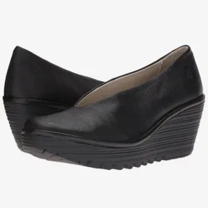 Fly London Black Mousse Yaz Leather Platform Ballerina Wedge Shoes Comfy Size 9