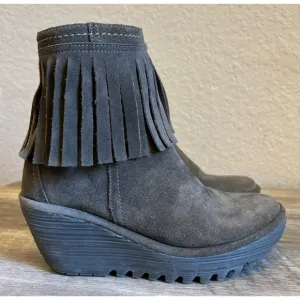 Fly London Yagi Sludge Fringe Suede Wedge Ankle Boots