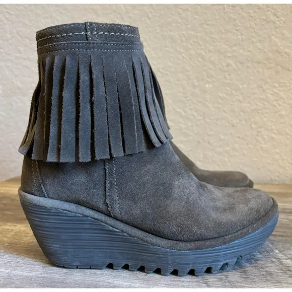 Fly London Yagi Sludge Fringe Suede Wedge Ankle Boots