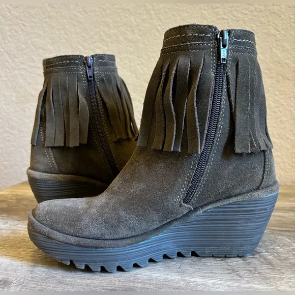Fly London Yagi Sludge Fringe Suede Wedge Ankle Boots