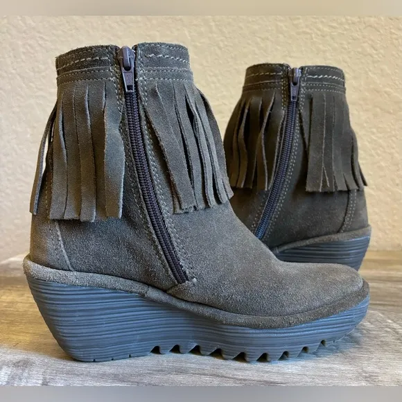 Fly London Yagi Sludge Fringe Suede Wedge Ankle Boots