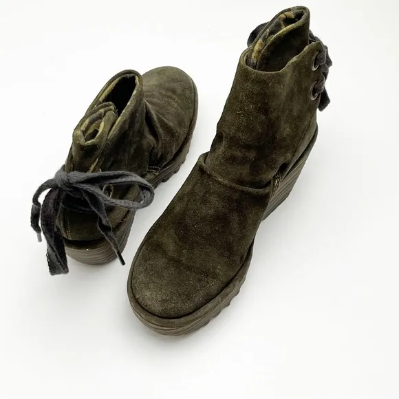 FLY LONDON Yama Olive Green Suede Back Lace Platform Wedge Ankle Booties