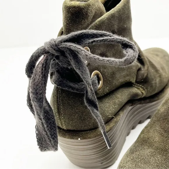 FLY LONDON Yama Olive Green Suede Back Lace Platform Wedge Ankle Booties