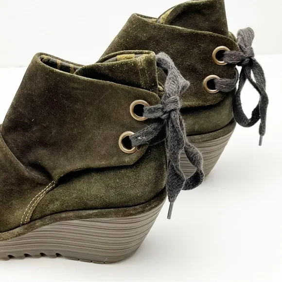 FLY LONDON Yama Olive Green Suede Back Lace Platform Wedge Ankle Booties