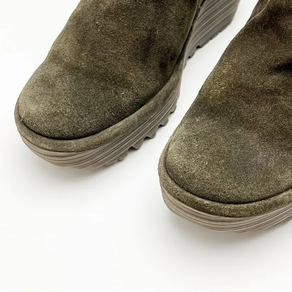 FLY LONDON Yama Olive Green Suede Back Lace Platform Wedge Ankle Booties