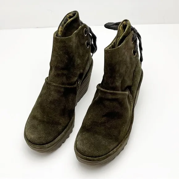 FLY LONDON Yama Olive Green Suede Back Lace Platform Wedge Ankle Booties