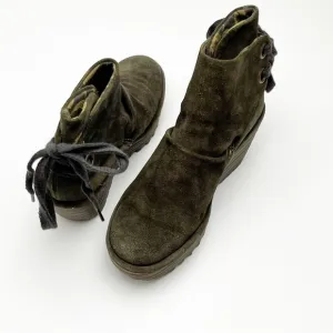 FLY LONDON Yama Olive Green Suede Back Lace Platform Wedge Ankle Booties