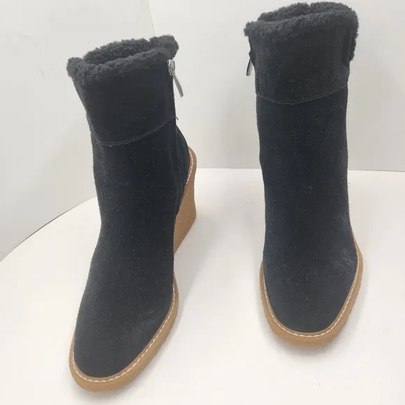 Franco Sarto wedge booties 10M black suede Ulayna ankle boots fuzzy new $185