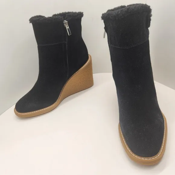 Franco Sarto wedge booties 10M black suede Ulayna ankle boots fuzzy new $185