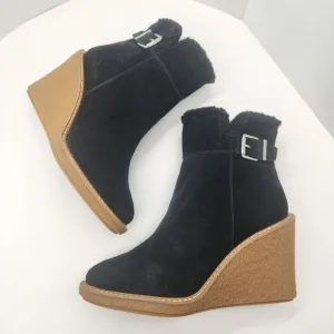 Franco Sarto wedge booties 10M black suede Ulayna ankle boots fuzzy new $185