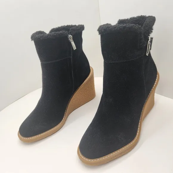 Franco Sarto wedge booties 10M black suede Ulayna ankle boots fuzzy new $185