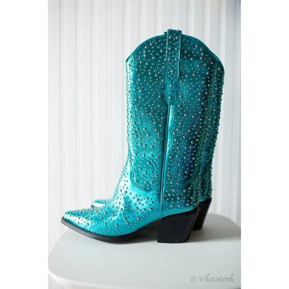 Free People Dagget Studded Western Boots 6 Metallic Blue