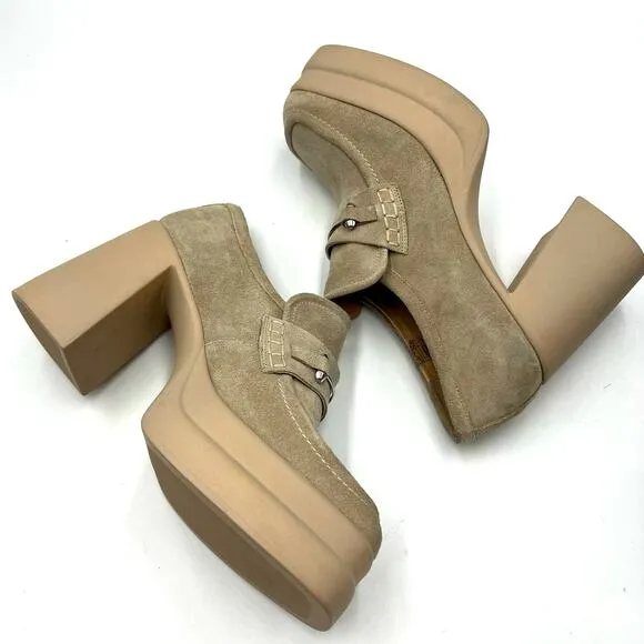 Free People Double Stacked Platform Loafers Tan Suede Horsebit Trim EU 40/US 10