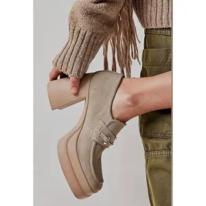 Free People Double Stacked Platform Loafers Tan Suede Horsebit Trim EU 40/US 10